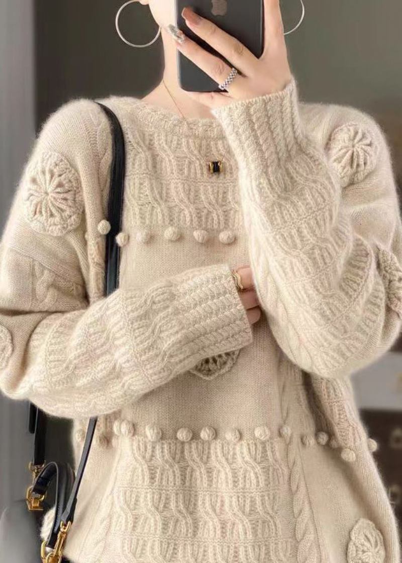 Italienische Weiße Wollpullover Mit Haken- Und Blumenstickerei Frühling - Damen-Wollmäntel