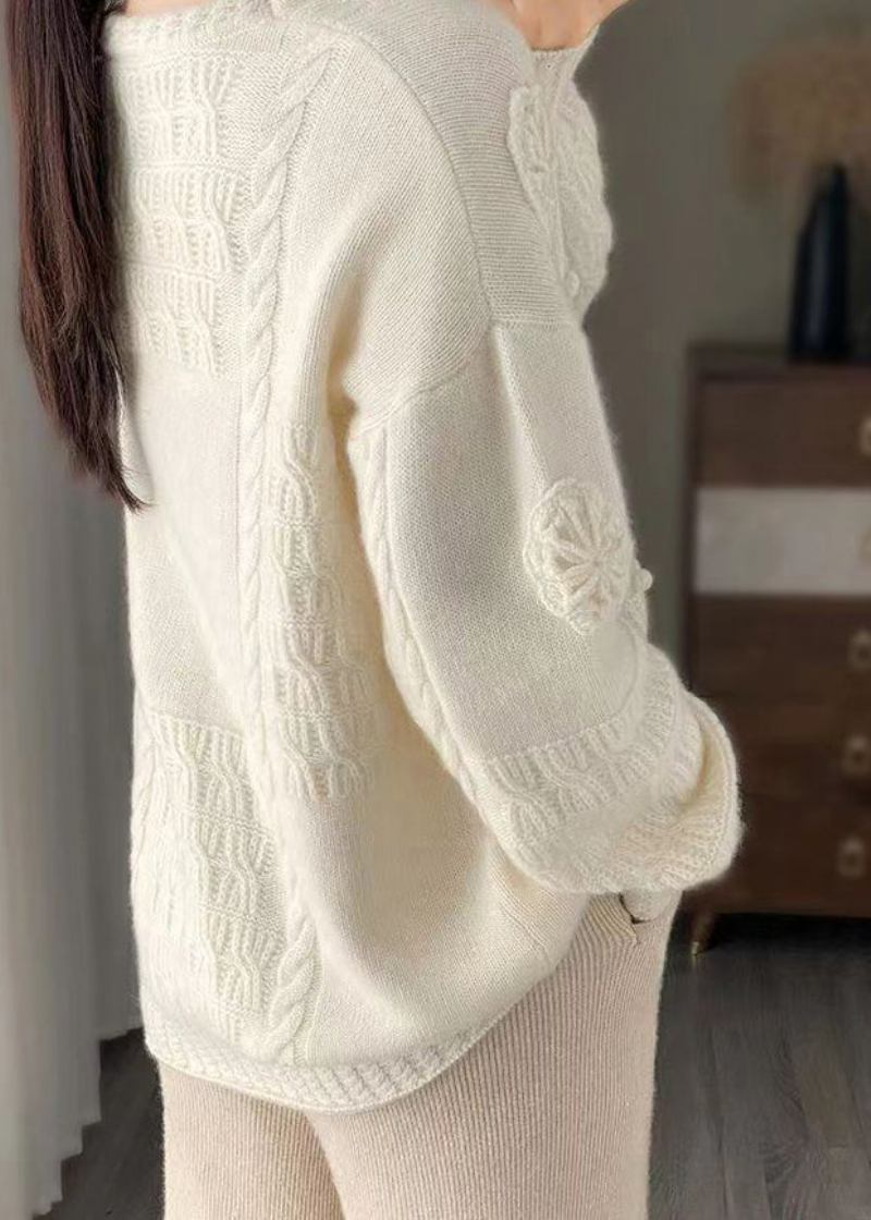 Italienische Weiße Wollpullover Mit Haken- Und Blumenstickerei Frühling - Damen-Wollmäntel