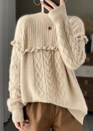 Italienischer Beiger O-ausschnitt-pullover Aus Wollstrick Mit Rüschen Und Patchwork Frühling