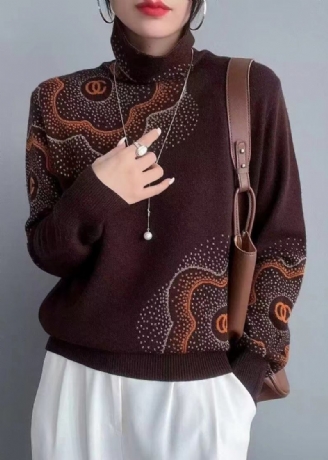 Italienischer Kaffeefarbener Rollkragenpullover Mit Zirkon-patchwork Wollstrickpullover Herbst