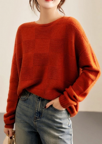 Italienischer Orangefarbener O-ausschnitt Gemütlicher Patchwork-strickpullover Aus Wolle Für Den Herbst