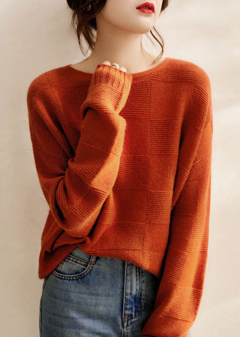 Italienischer Orangefarbener O-ausschnitt Gemütlicher Patchwork-strickpullover Aus Wolle Für Den Herbst - Damen-Wollmäntel