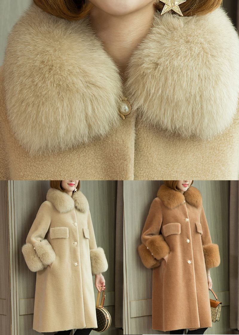 Italienischer Wollmantel Im Beige-fuchs-stil Mit Kragen Und Taschen Lange Ärmel - Damen-Wollmäntel