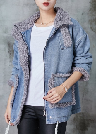 Jeansblauer Übergroßer Patchwork-fleece-wollmantel Mit Innenfutter Für Den Winter