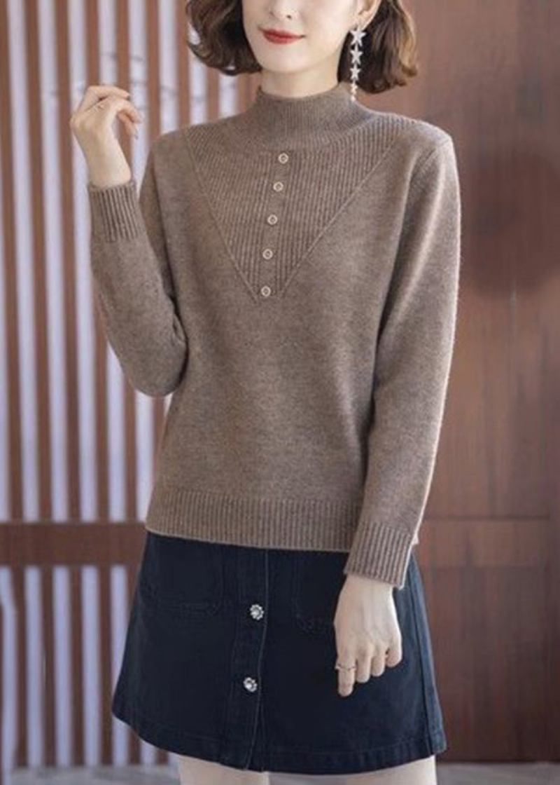 Kaffeefarbene Kuschelige Wollstrickpullover Mit Rollkragen Frühling - Damen-Wollmäntel