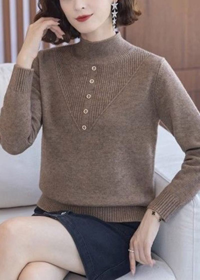 Kaffeefarbene Kuschelige Wollstrickpullover Mit Rollkragen Frühling - Damen-Wollmäntel