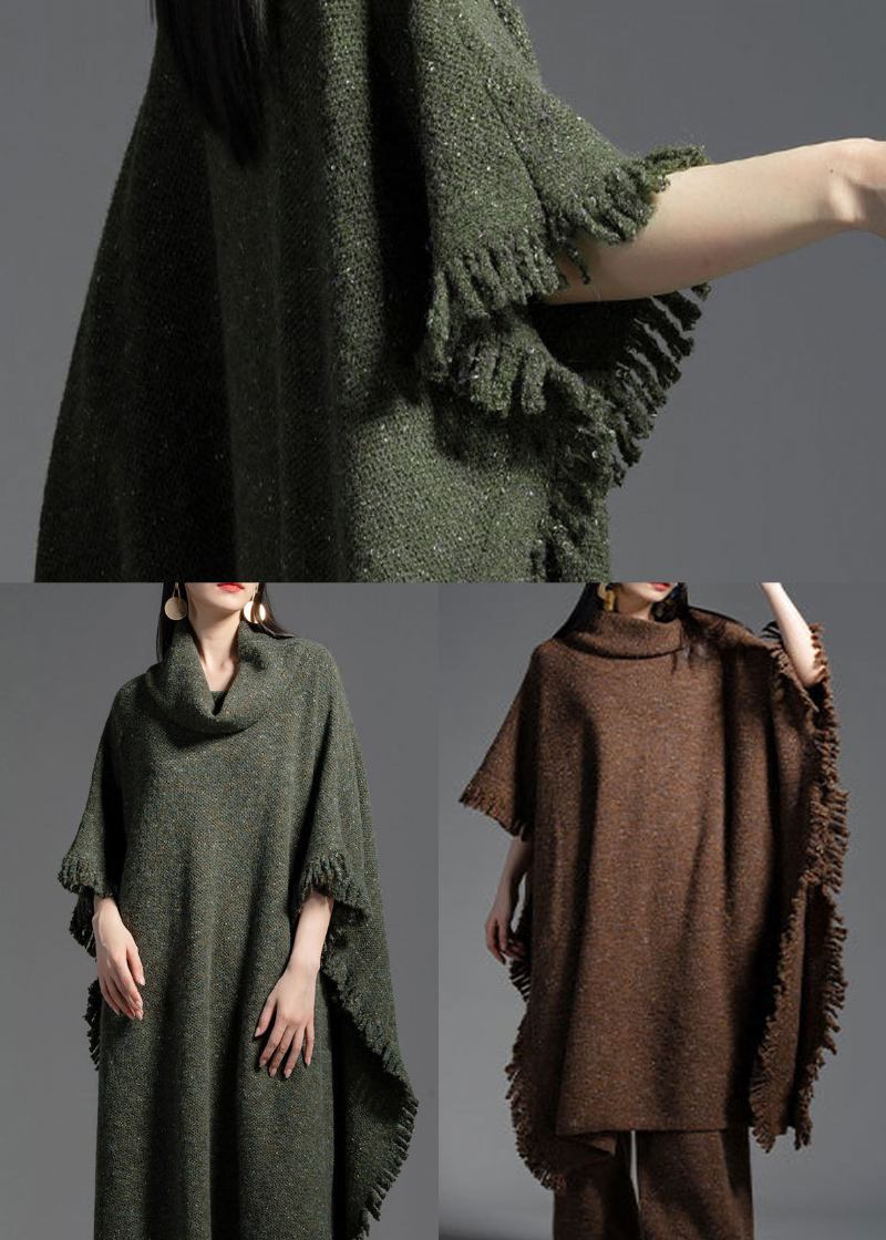 Kaffeefarbenes Wollstrickkleid Mit Rollkragen Und Quasten Für Den Halben Arm - Damen-Wollmäntel