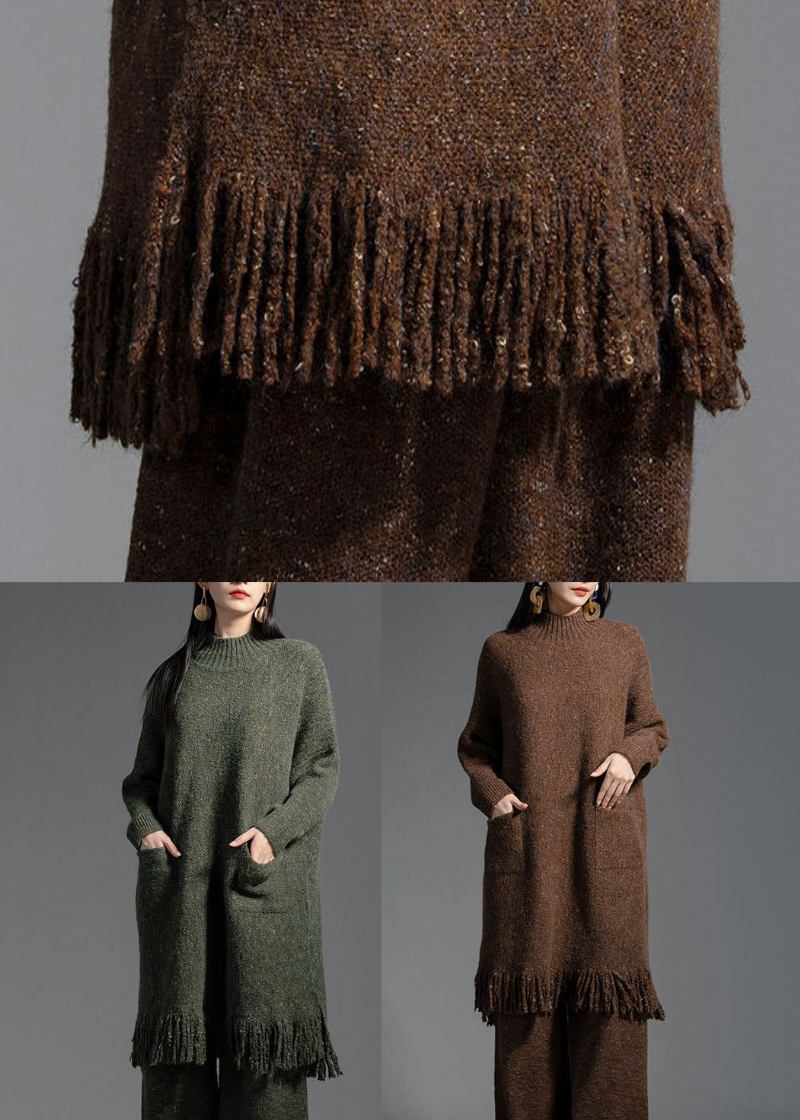 Kaffeefarbenes Wollstrickkleid Mit Taschen Für Den Stehkragen Für Den Winter - Damen-Wollmäntel