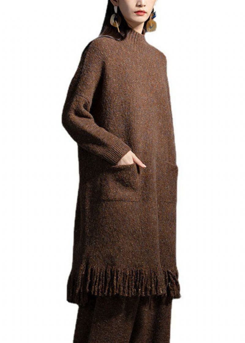 Kaffeefarbenes Wollstrickkleid Mit Taschen Für Den Stehkragen Für Den Winter - Damen-Wollmäntel