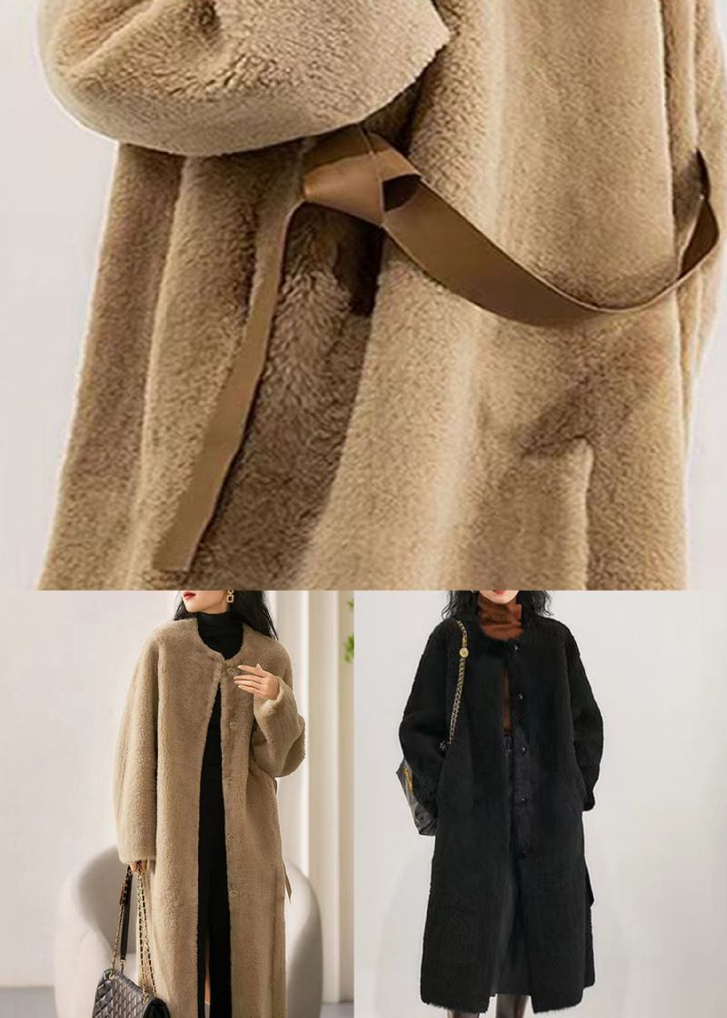 Kamelfarbener Patchwork-wollmantel Mit Rundhalsausschnitt Und Taschen Für Den Winter - Damen-Wollmäntel