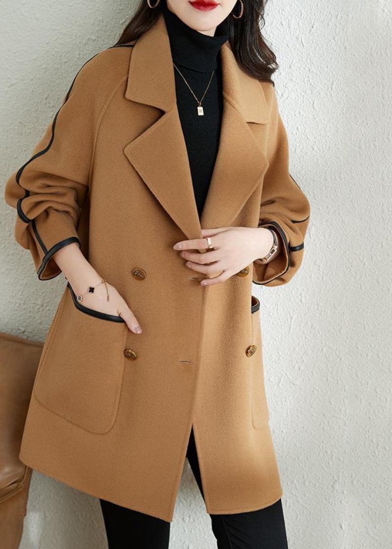 Kamelfarbener Zweireihiger Wolltrenchcoat Mit Patchwork Übergroß Herbst - Damen-Wollmäntel