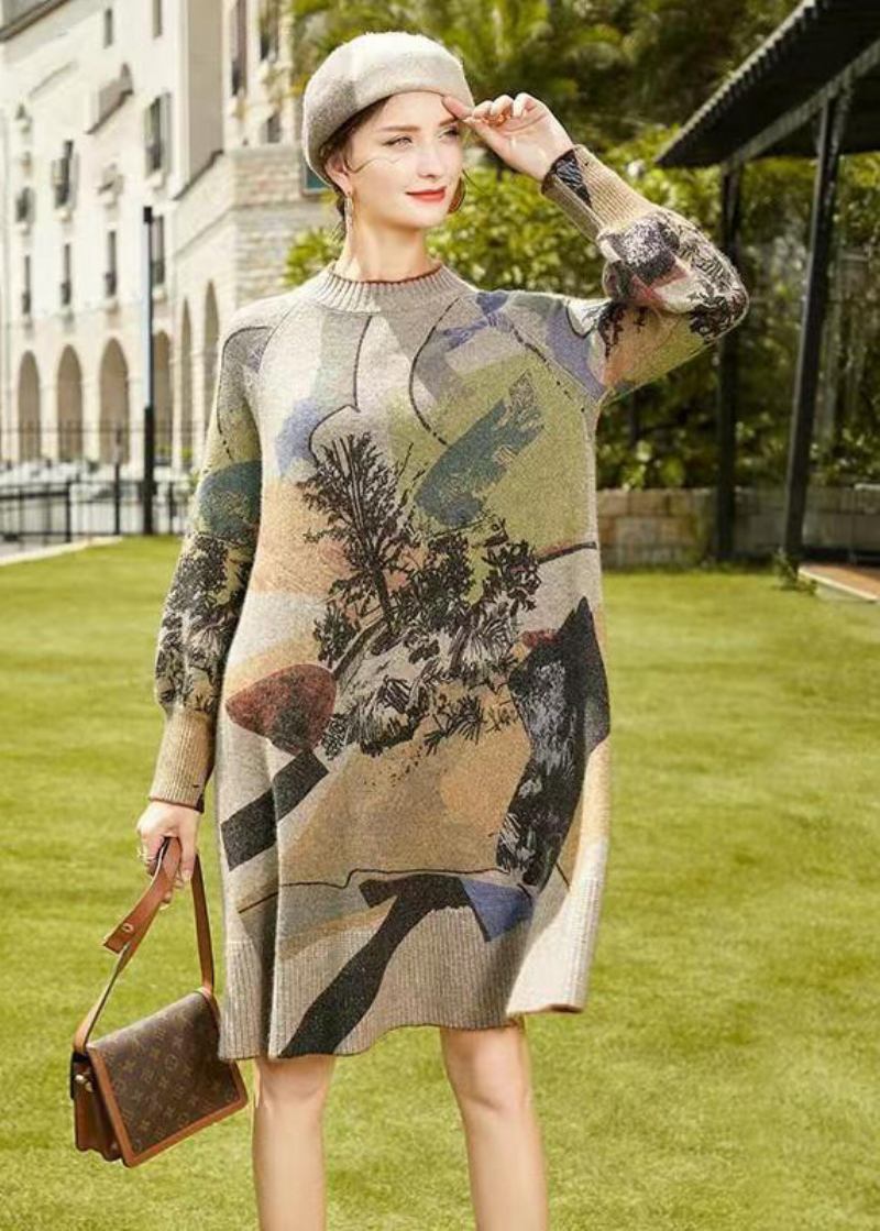 Kunstgraues Mittellanges Patchwork-wollkleid Mit Rundhalsausschnitt Print Herbst