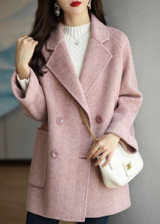 Kunstvoller Zweireihiger Dicker Wolltrenchcoat Mit Rosa Revers Herbst