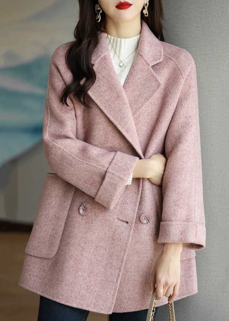 Kunstvoller Zweireihiger Dicker Wolltrenchcoat Mit Rosa Revers Herbst - Damen-Wollmäntel