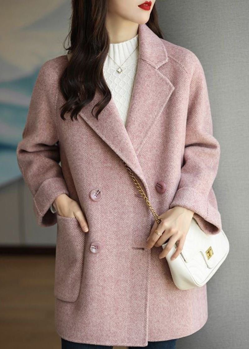 Kunstvoller Zweireihiger Dicker Wolltrenchcoat Mit Rosa Revers Herbst - Damen-Wollmäntel