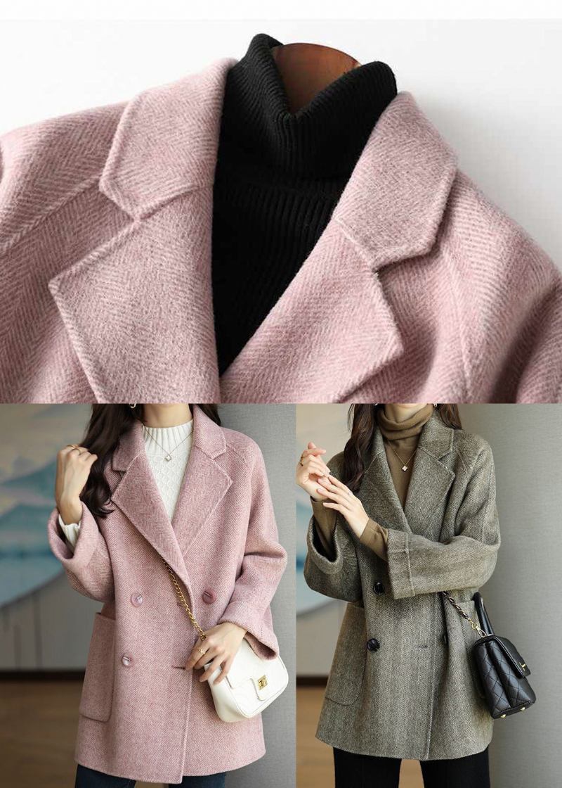 Kunstvoller Zweireihiger Dicker Wolltrenchcoat Mit Rosa Revers Herbst - Damen-Wollmäntel