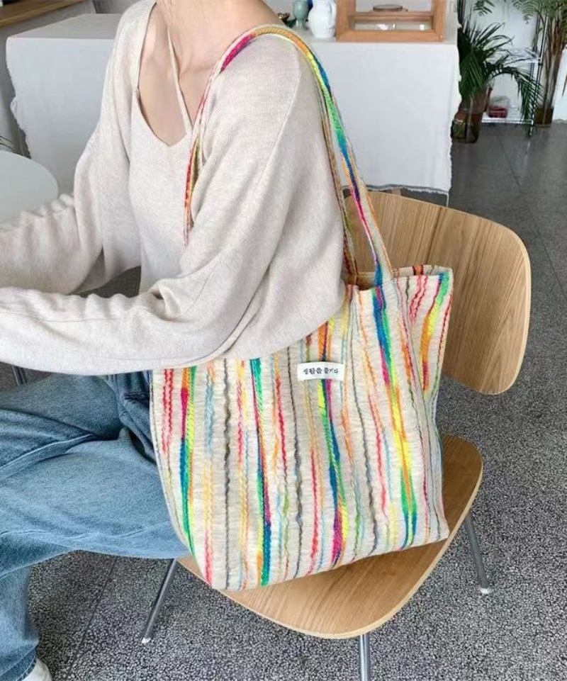 Lässige Weiße Bunte Streifen Große Wolltasche