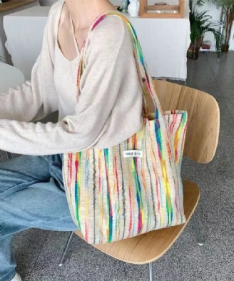 Lässige Weiße Bunte Streifen Große Wolltasche