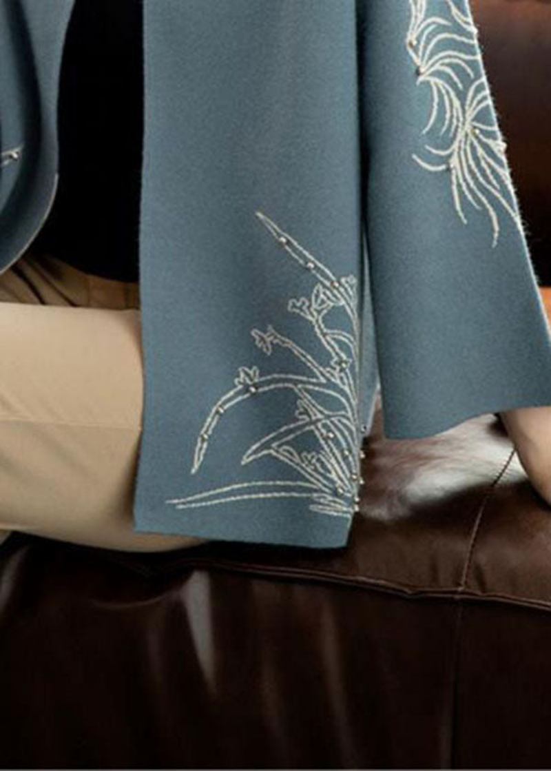 Lässiger Blauer Wollmantel Mit Rundhalsausschnitt Und Print Im Bohemian-stil Mit Langen Ärmeln - Blau