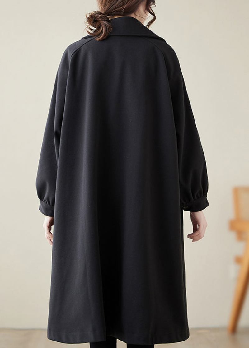 Lässiger Schwarzer Übergroßer Woll-trenchcoat Mit Revers Frühling - Damen-Wollmäntel