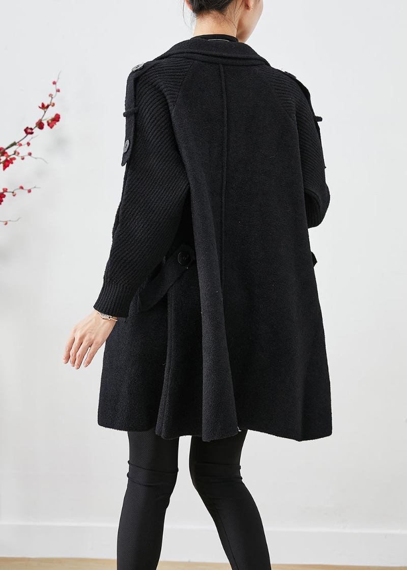 Lässiger Schwarzer Zweireihiger Trenchcoat Aus Patchwork-wolle Für Den Herbst - Damen-Wollmäntel