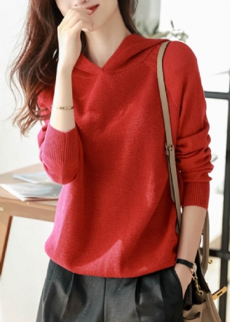 Lässiges Rotes Wollpullover-sweatshirt Mit Kapuze Lang Ärmel