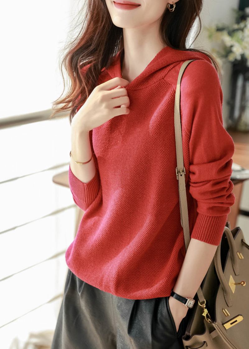 Lässiges Rotes Wollpullover-sweatshirt Mit Kapuze Lang Ärmel - Rot