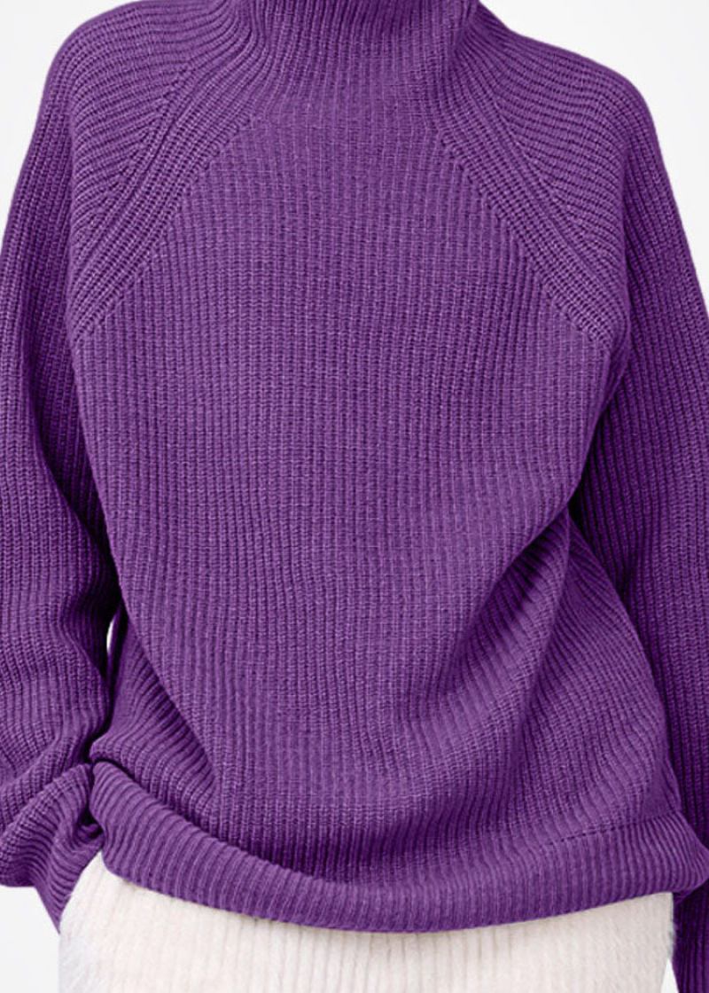 Langer Rollkragenpullover Für Damen In Lila Gemütlich Wollpullover Winter - Damen-Wollmäntel