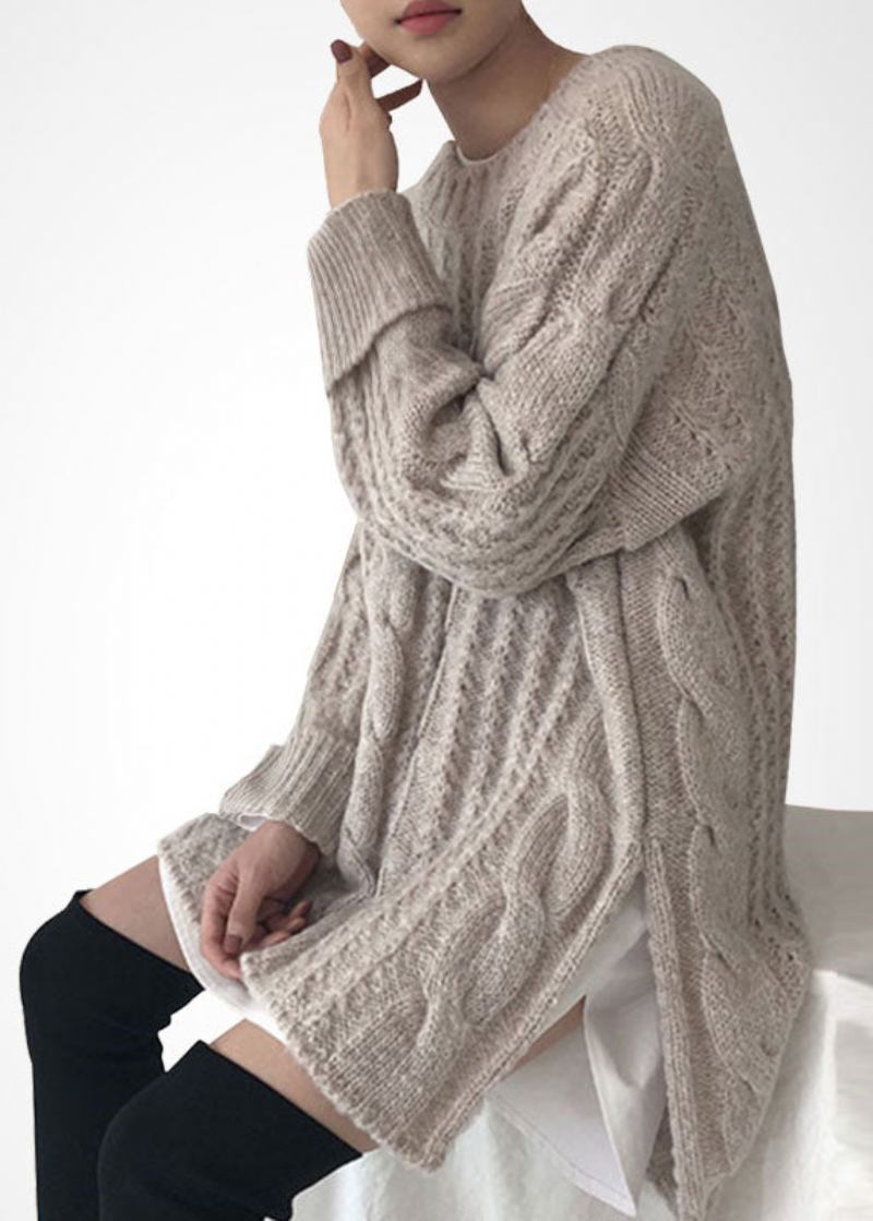 Langer Seitlich Offener Wollpullover Mit Zopfmuster In Französisch-beige Für Den Winter