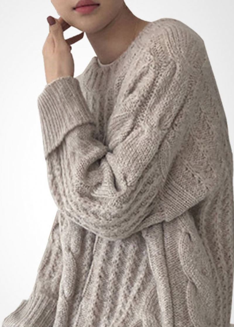 Langer Seitlich Offener Wollpullover Mit Zopfmuster In Französisch-beige Für Den Winter - Damen-Wollmäntel