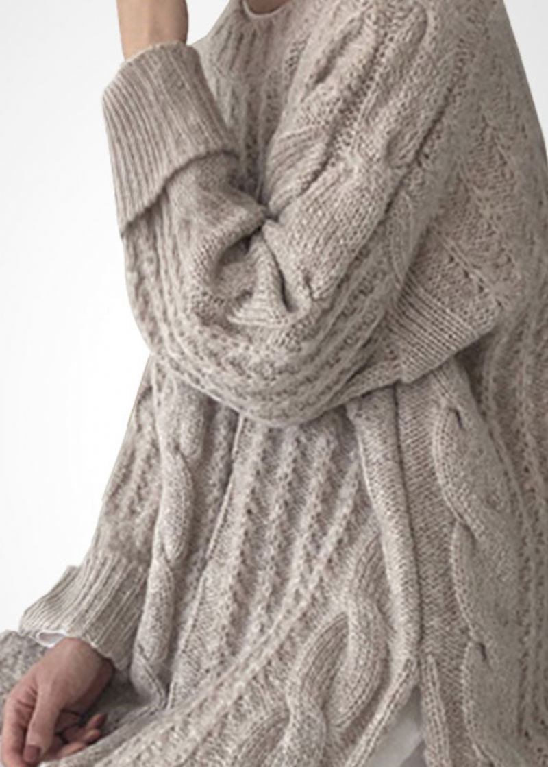 Langer Seitlich Offener Wollpullover Mit Zopfmuster In Französisch-beige Für Den Winter - Damen-Wollmäntel