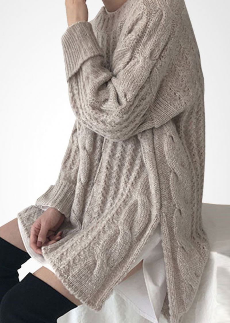 Langer Seitlich Offener Wollpullover Mit Zopfmuster In Französisch-beige Für Den Winter - Damen-Wollmäntel