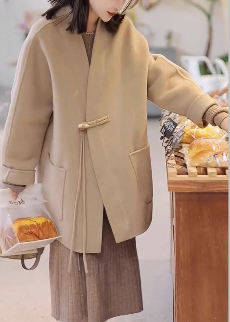 Lockere Khakifarbene Patchwork-zweiteiler Aus Wolle Mit Knopftaschen Für Den Herbst - Damen-Wollmäntel