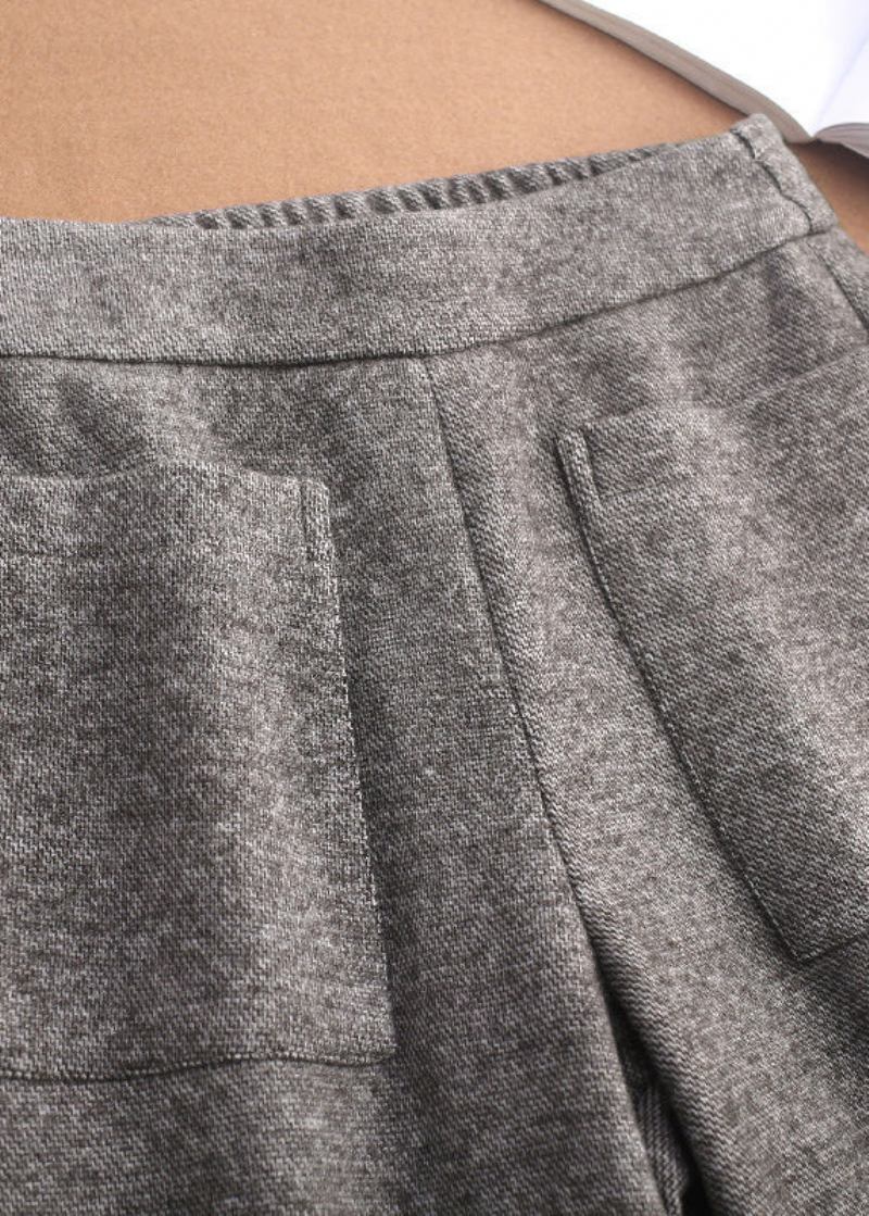 Lockere Schokoladenbraune Winterhose Aus Wolle Mit Hoher Taille Und Taschen - Damen-Wollmäntel