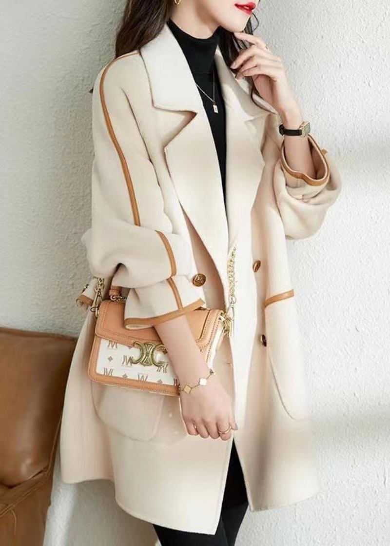 Lockerer Beige Patchwork-wollmantel Mit Zweireihigen Taschen Im Herbst - Damen-Wollmäntel