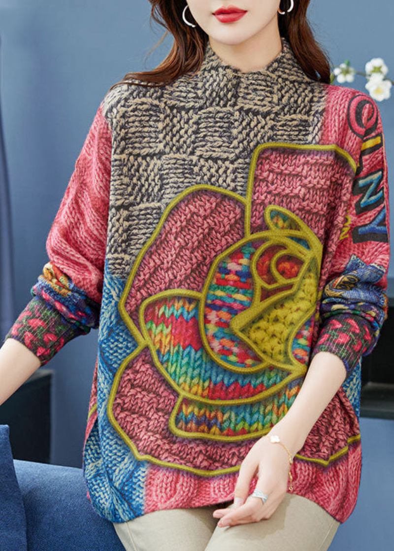 Lockerer Rosa Wollstrickpullover Mit Hohem Halsausschnitt Und Print Winter