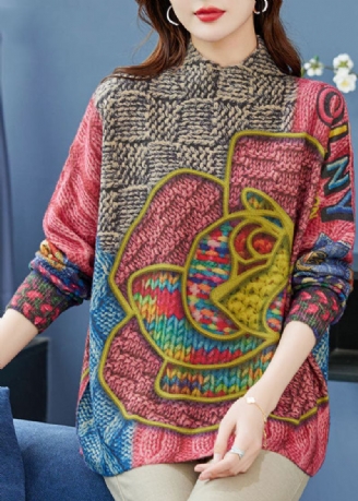 Lockerer Rosa Wollstrickpullover Mit Hohem Halsausschnitt Und Print Winter