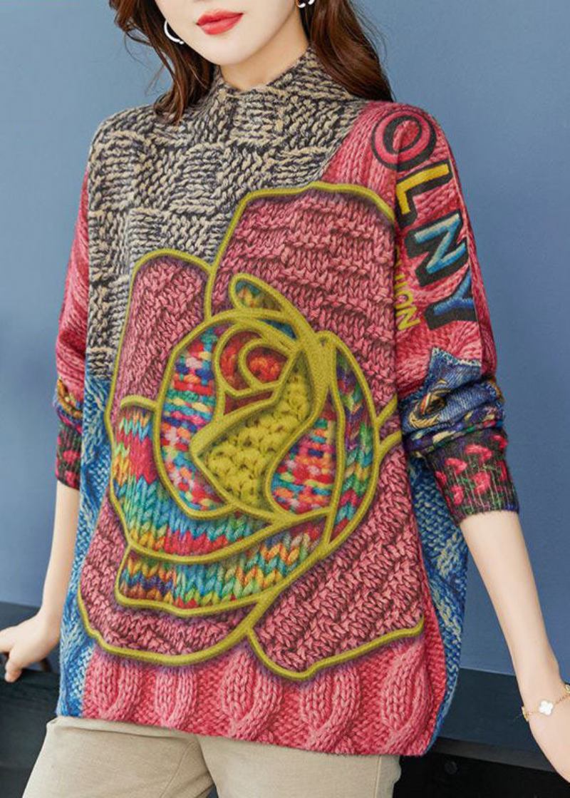 Lockerer Rosa Wollstrickpullover Mit Hohem Halsausschnitt Und Print Winter - Damen-Wollmäntel