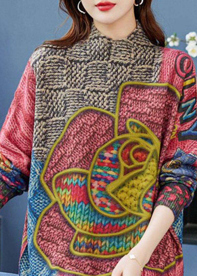 Lockerer Rosa Wollstrickpullover Mit Hohem Halsausschnitt Und Print Winter - Damen-Wollmäntel