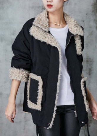 Lockerer Schwarzer Übergroßer Patchwork-fleece-wollmantel Mit Innenfutter Für Den Winter