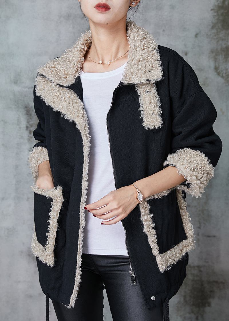 Lockerer Schwarzer Übergroßer Patchwork-fleece-wollmantel Mit Innenfutter Für Den Winter - Damen-Wollmäntel