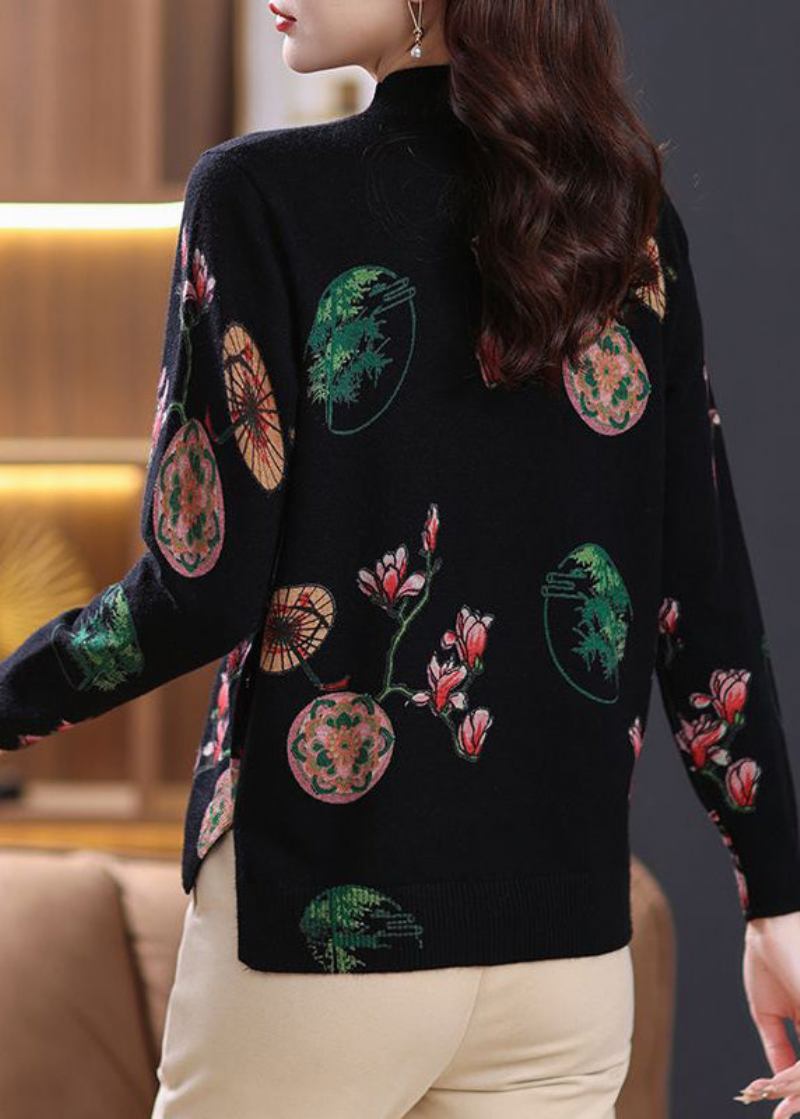 Lockerer Schwarzer Wollpullover Mit Zirkon-print Frühling - Damen-Wollmäntel