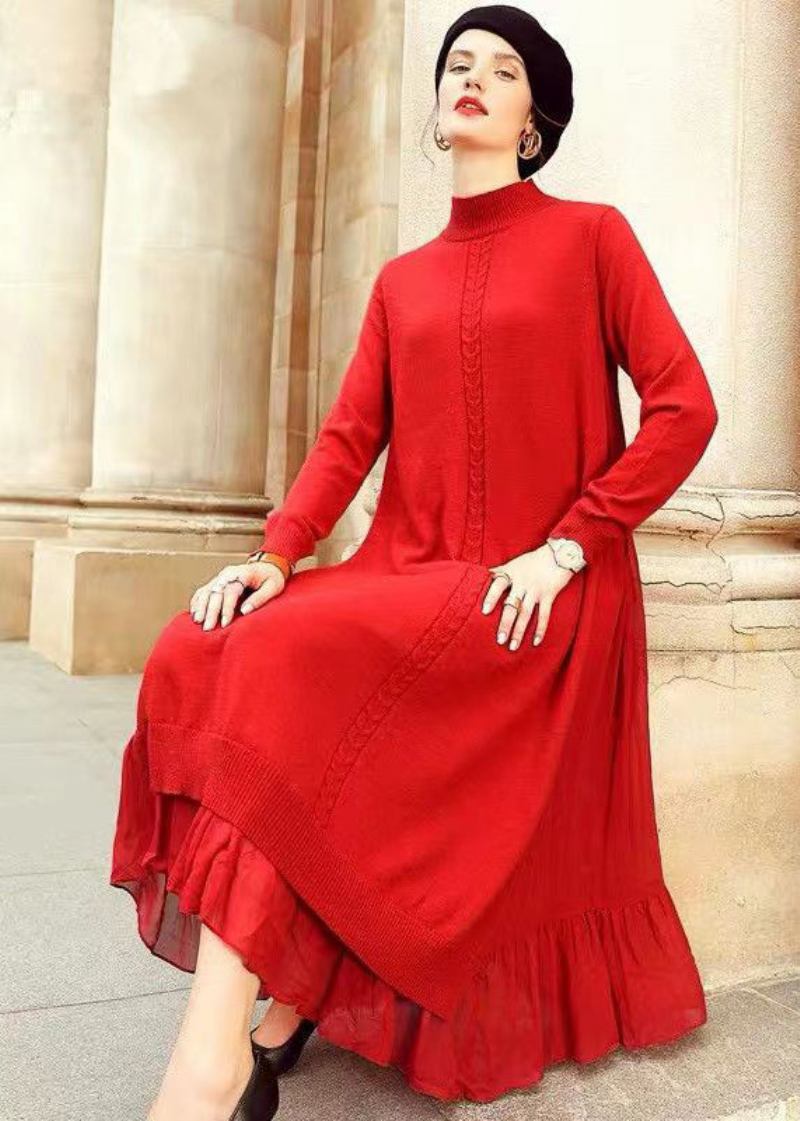 Lockeres Rotes Patchwork-wollkleid Mit Knittrigem Stehkragen Herbst - Damen-Wollmäntel