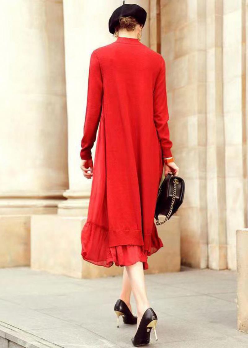 Lockeres Rotes Patchwork-wollkleid Mit Knittrigem Stehkragen Herbst - Damen-Wollmäntel