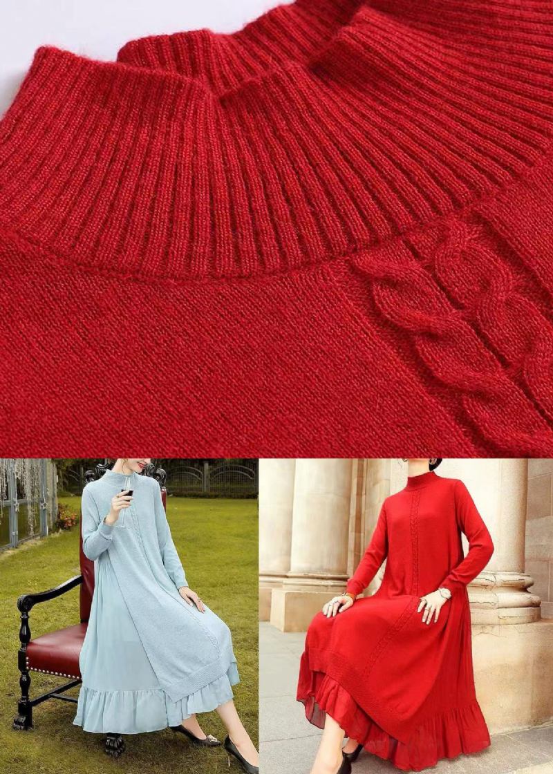 Lockeres Rotes Patchwork-wollkleid Mit Knittrigem Stehkragen Herbst - Damen-Wollmäntel