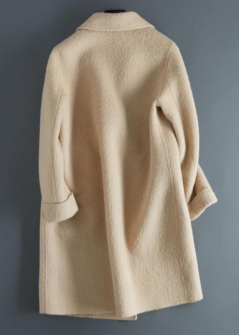 Luxuriöse Beige Wolloberbekleidung Locker Sitzende Mittellange Mäntel Gekerbte Jacke Mit Langen Ärmeln - Damen-Wollmäntel