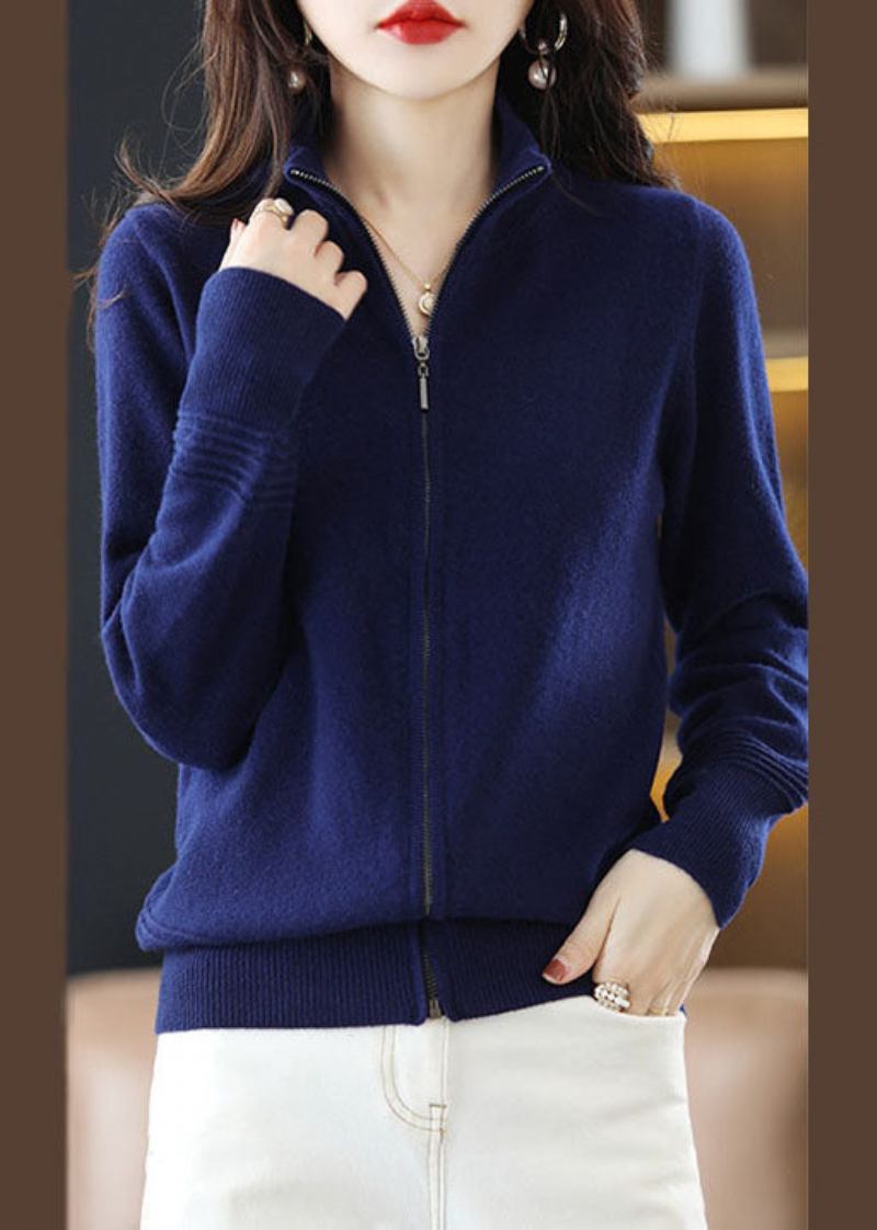 Marineblauer Damen-stehkragen-strickpullover Mit Dickem Wollstrick Und Reißverschluss Frühling - Damen-Wollmäntel