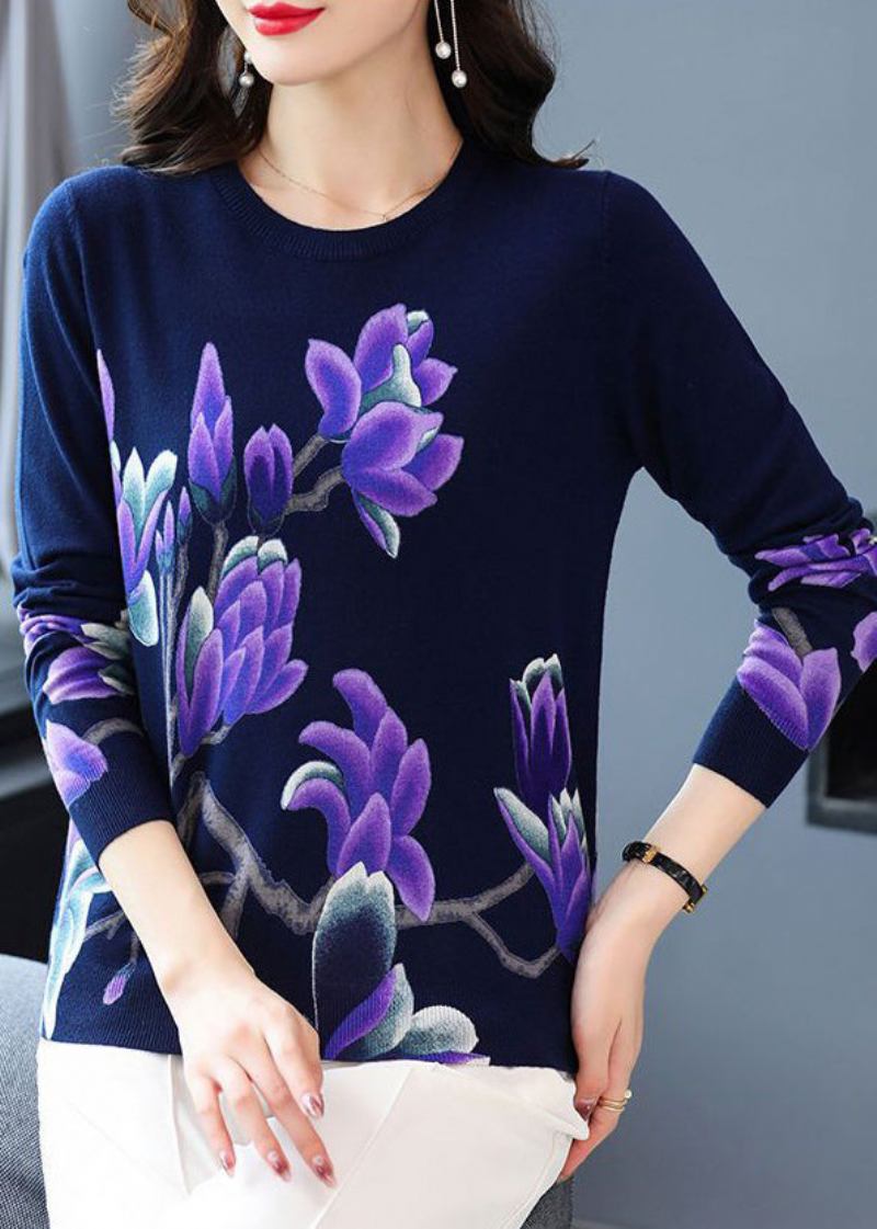 Marineblauer O-ausschnitt-wollstrickpullover Mit Print In Damenfarbe Lange Ärmel - Damen-Wollmäntel