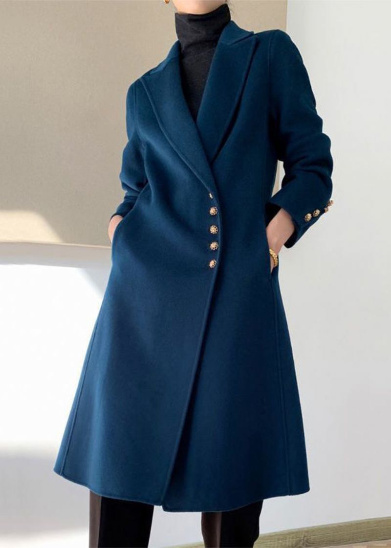 Marineblauer Wollmantel Mit Revers Und Knopfmuster Im Slim Fit Für Damen Im Herbst