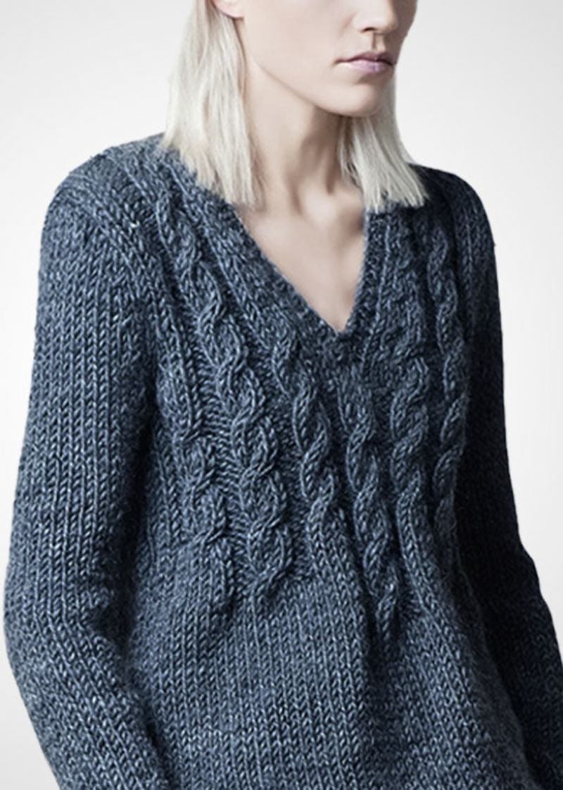 Moderne Graue Pullover Aus Grobem Wollstrick Mit V-ausschnitt Und Zopfmuster Winter - Damen-Wollmäntel